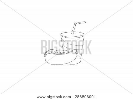 Contour Image Of Fast Food And Drink Symbols Drawn By Hand On A Single-color Background