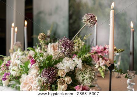 Floral Decoration For Wedding Ceremony Romance Dining. Wedding Banquet , Festive Decor. Bouquet From