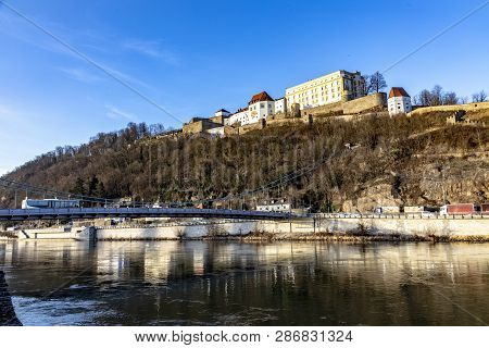 Panoramic View To Veste Oberhaus At The Hill With River Danube In Passau, Bavaria