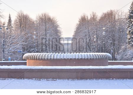 Inoperative Fountain At Winter In Primorsky Victory Park In St.petersburg, Russia.