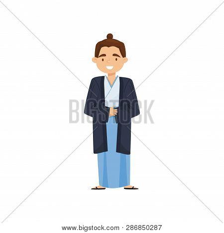Cheerful Boy In Japanese Traditional Clothes. Samurai Kimono Or Hakama. National Costume. Flat Vecto