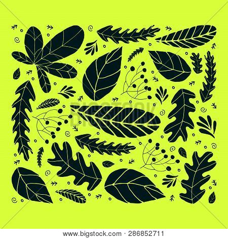 Set Of Dark Green Leaves  On A Yellow Background. Hand Drawn Cute Design. Leaves Vector Pattern.