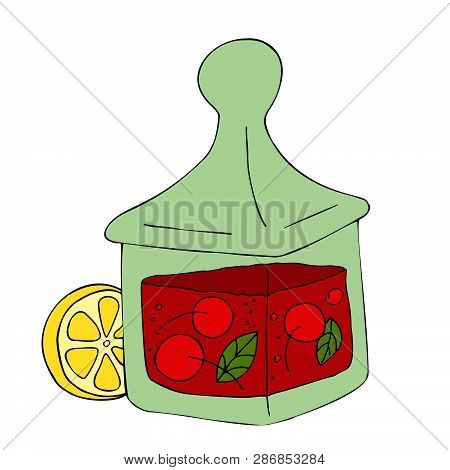 Cherry Jar Of Jam With Lemon In Hand Drawn Style. Sweet-stuff.