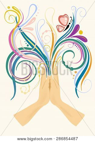 Namaste Hands With Floral Ornament On White Background