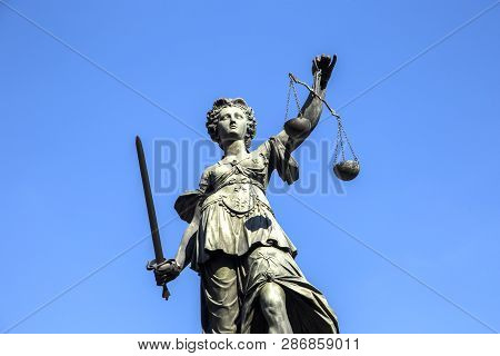 Justitia (lady Justice) Sculpture On The Roemerberg Square In Frankfurt