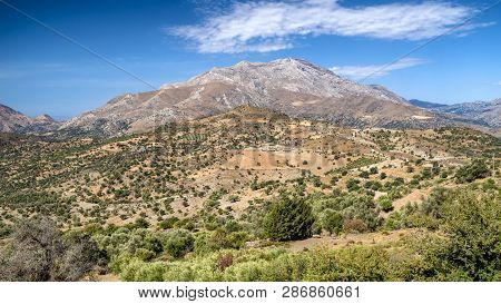 Beautiful Mediterranean Landscape At Crete Island, Greece. Mount Kedros At Background