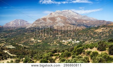 Beautiful Mediterranean Landscape At Crete Island, Greece. Mount Kedros At Background