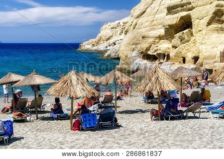Matala, Crete - September 24: Matala Beach And Roman Caves On September 24, 2017 In Matala