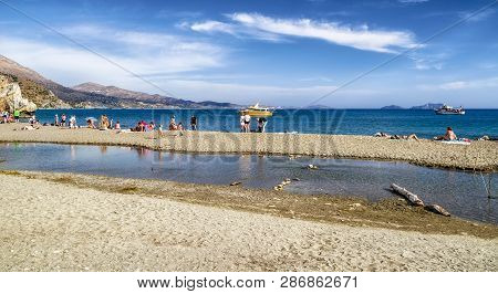 Preveli, Crete - September 24: River Flowing Into The Sea At Preveli Beach On September 24, 2017 In 