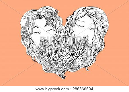 Two Young Women . Valentines Day Hand Drawn Doodle Style Concept. Gay Romantic Couple. Homosexual Re