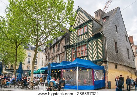 RENNES, FRANCE - April 28, 2018: Restaurants in Old Town Rennes, France