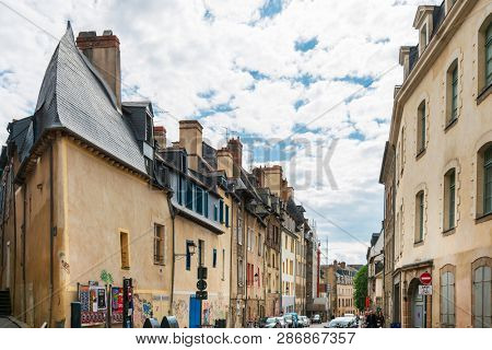 RENNES, FRANCE - April 28, 2018: Antique building view in Old Town in Rennes, France
