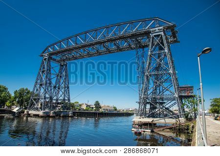  Buenos Aires Argentina - Dec 25, 2018: Old Nicolas Avellaneda steel bridge across Matanza River in La Boca, Bueno Aires. Argentina.