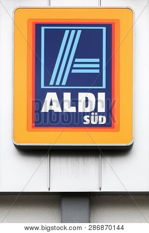 Bitburg, Germany - September 2, 2018: Aldi Sud Logo On A Wall. Aldi Is A Leading Global Discount Sup