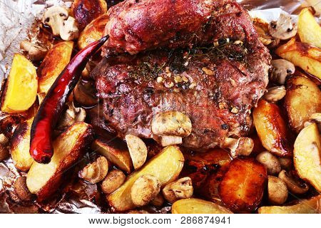 Grilled Pork Meat With Potatoes. Barbecue. Selective Focus.
