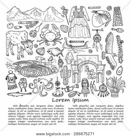 Illusrtation With Cute Hand Drawn Peru Related Icons. Vector Travel Collection.