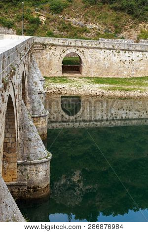 Close-up Image Of Old Stone Middle Age Bridge Pillars, Visegrad, Bosnia And Herzegovina