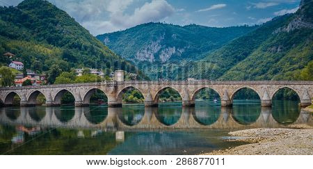 Famous Bridge In Visegrad, On River Drina, Bosnia And Herzegovina