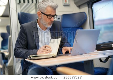 Mature businessman working on laptop while traveling in train 