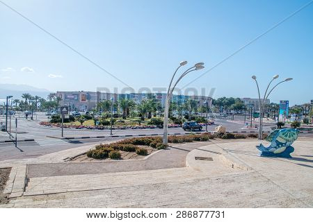 Eilat, Israel - February 9, 2019: View Of Eilat Town From Gan Binyamin Central Park.