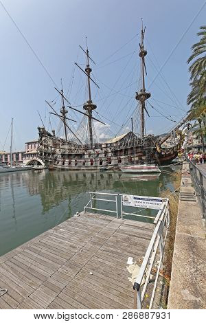 Genoa, Italy - July 14, 2013: Neptune Galeon Pirate Ship Docked At Port In Genoa, Italy.