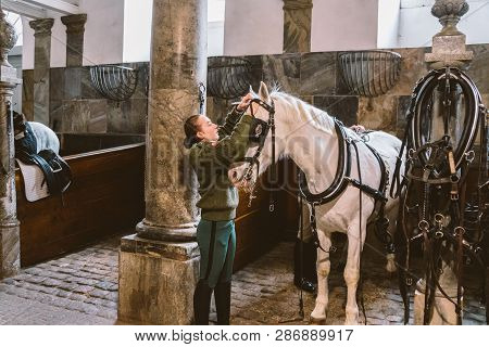 February 20, 2019.royal Stable In Denmark Copenhagen In Territory Christiansborg Slot. Man Young Wom