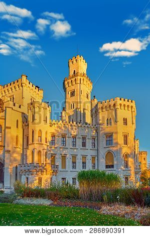 Beautiful Sunset Over Hluboka Nad Vltavou Chateau. Hluboka Castle, Czech Republic.