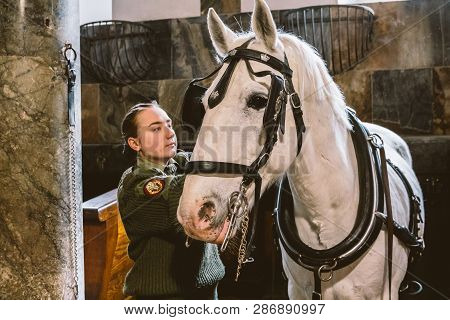 February 20, 2019.royal Stable In Denmark Copenhagen In Territory Christiansborg Slot. Man Young Wom