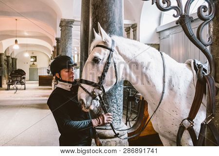 February 20, 2019.royal Stable In Denmark Copenhagen In Territory Christiansborg Slot. Man Young Wom