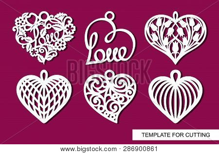 Set Of Decorative Pendants With Lace Openwork Hearts. Decor For For A Wedding Or February 14. White 