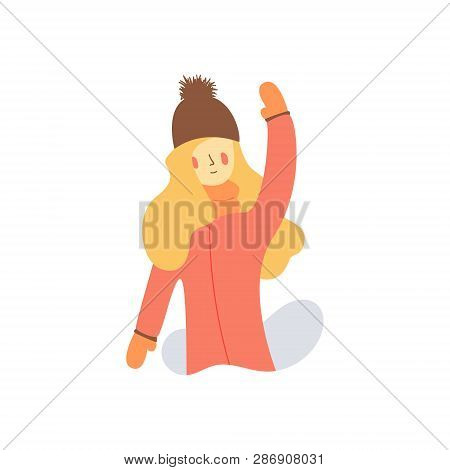 Illustration Daughter Waving Hand To Her Parents. Blonde In  Brown Hat With  Bubo Pink Coat And Oran