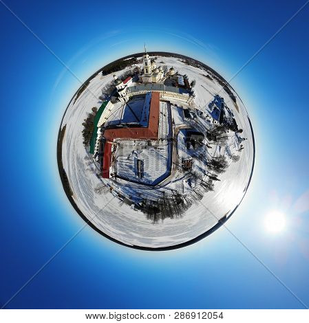 Nilov Hermitage. Monastery On The Island Among The Frozen Lake. Panorama Little Planet