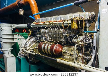 Diesel Generator In Abandoned Bomb Shelter, Close Up