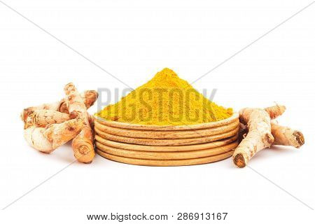 Turmeric Powder (curcuma) In Wooden Bowls On White Background, Herbal