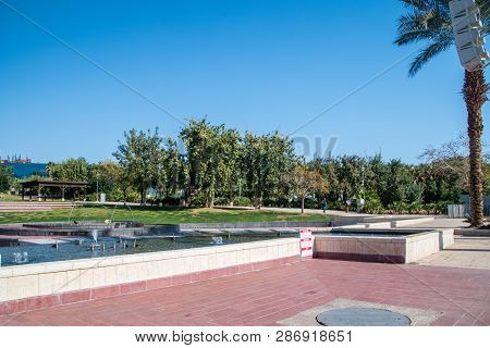 Eilat, Israel - February 9, 2019: Musical Fountain Eilat At Gan Binyamin Central Park.