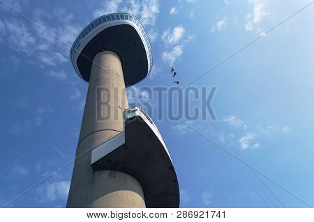 Rotterdam, The Netherlands, October 6, 2018: View From Below On Euromast With Blue Sky On Background