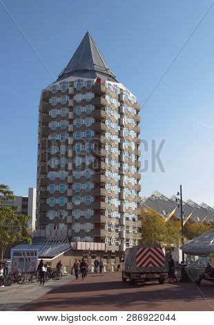 Rotterdam, The Netherlands, October 6, 2018: View Of Blaaktoren (het Potlood) Modern Building With U
