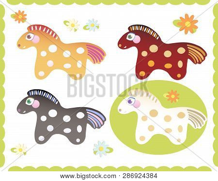 Set Of Four Little Cute Horses Drawn In Retro Dtyle