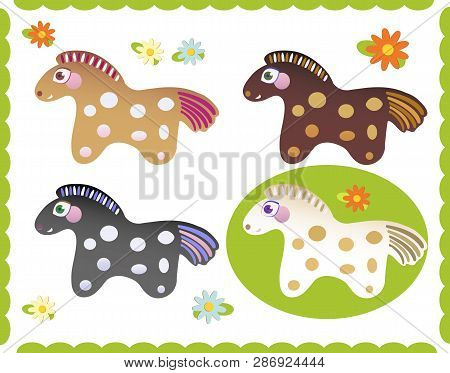 Set Of Four Little Cute Horses Drawn In Retro Dtyle