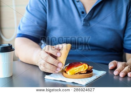 Diet Failure Of Fat Man Eating Fast Food Hamberger. Happy Smile Overweight Person . Hate To Diets. V
