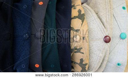 Top View Of Different Snap Back Baseball Caps With Different Textures. Summer Street Wear Head Caps