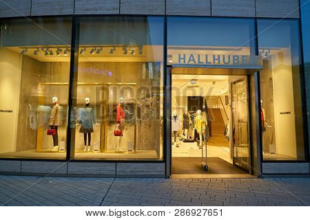 DUSSELDORF, GERMANY - CIRCA SEPTEMBER, 2018: entrance to Hallhuber store in Dusseldorf.