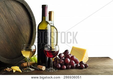 Bottle Of Red And White Wine With Food And Barrel On White Background.