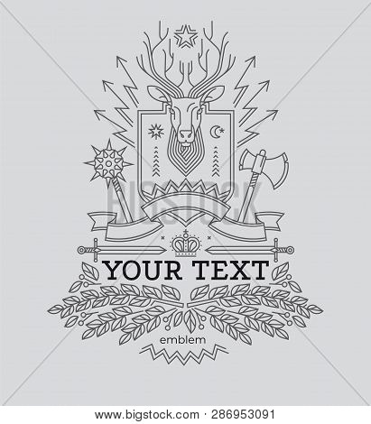 Emblem, Badge With A Deer Head. Ribbon, Motto, Laurel Wreath, Bow, Arrows, Sword Style Engraving Lin
