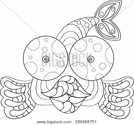 Fantasy Fish Isolated Design Black On White. Detailed Illustration. Zentangle Doodle Patterned Fanta