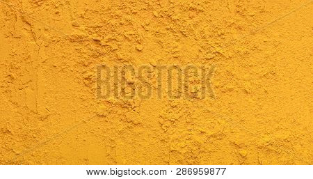 Yellow Turmeric Powder Texture, Natural Condiment Abstract Background, Panorama
