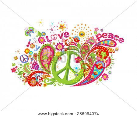 Psychedelic colorful print with hippie peace symbol, flower-power, love, peace and joy word, butterfly and paisley