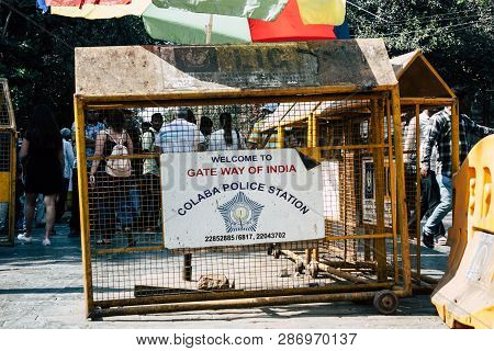 Mumbai India March 1, 2019 Closeup Of A Police Sign Located At Colaba District Front The Gateway Of 