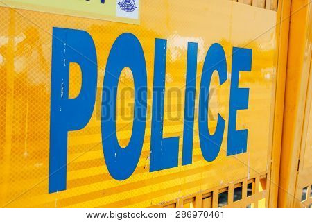 Mumbai India March 1, 2019 Closeup Of A Police Sign Located At Colaba District Front The Gateway Of 