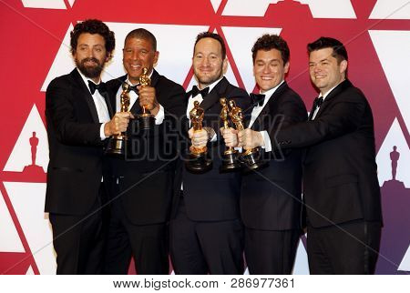 Bob Persichetti, Peter Ramsey, Rodney Rothman, Phil Lord and Christopher Miller at the 91st Annual Academy Awards - Press Room held at the Loews Hotel in Hollywood, USA on February 24, 2019.